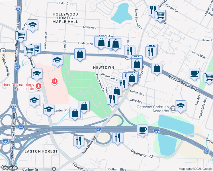 map of restaurants, bars, coffee shops, grocery stores, and more near 6608 Stoney Point South in Norfolk