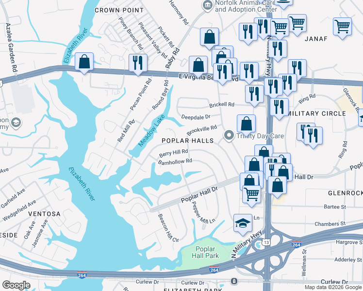 map of restaurants, bars, coffee shops, grocery stores, and more near 5425 Berry Hill Road in Norfolk