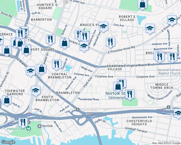 map of restaurants, bars, coffee shops, grocery stores, and more near 1517 Shipp Ave in Norfolk