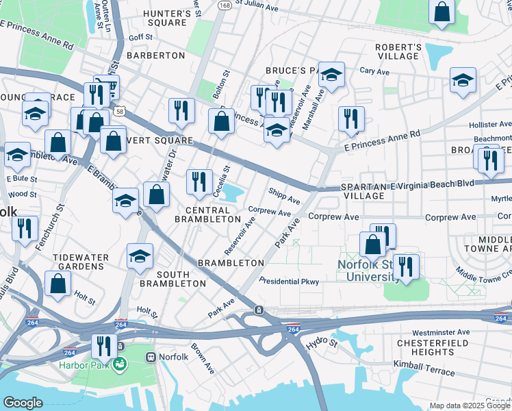 map of restaurants, bars, coffee shops, grocery stores, and more near 909 Marshall Avenue in Norfolk