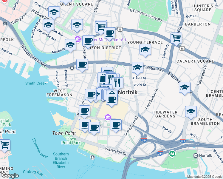 map of restaurants, bars, coffee shops, grocery stores, and more near 401 Monticello Avenue in Norfolk