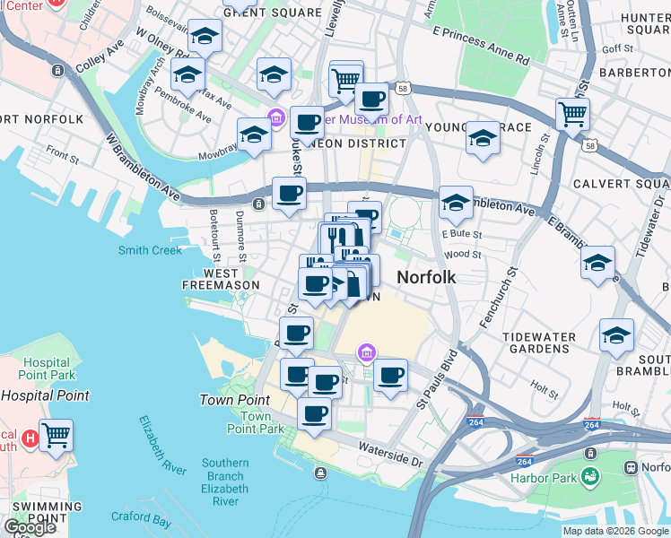 map of restaurants, bars, coffee shops, grocery stores, and more near in Norfolk