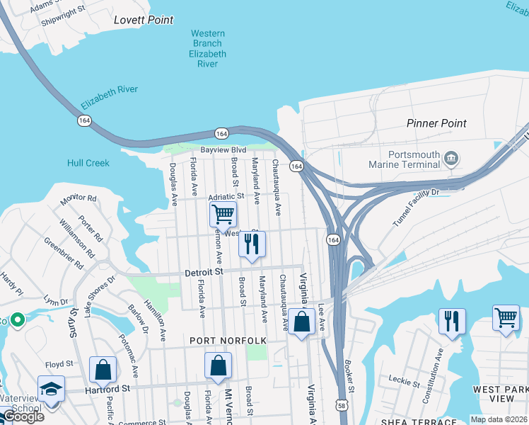 map of restaurants, bars, coffee shops, grocery stores, and more near 246 Chautauqua Avenue in Portsmouth