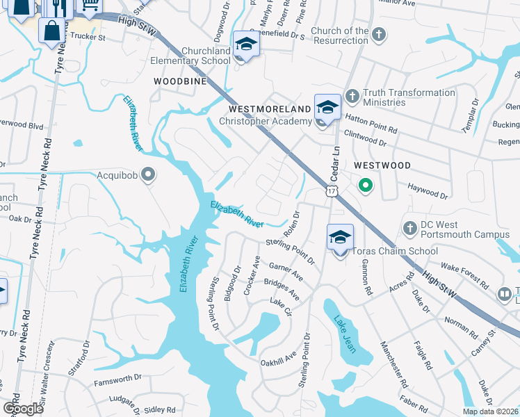 map of restaurants, bars, coffee shops, grocery stores, and more near 4059 Reese Drive South in Portsmouth