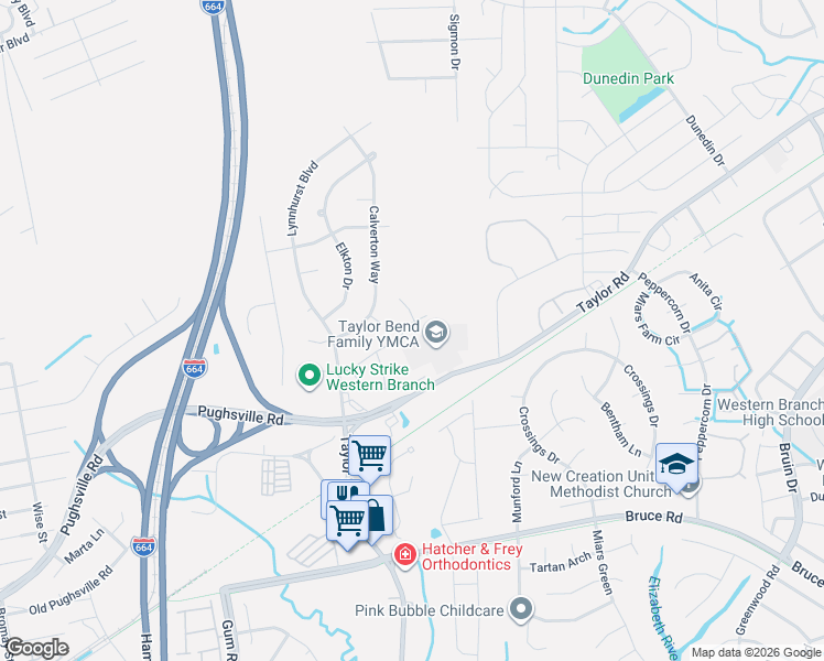 map of restaurants, bars, coffee shops, grocery stores, and more near 4626 Taylor Rd in Chesapeake