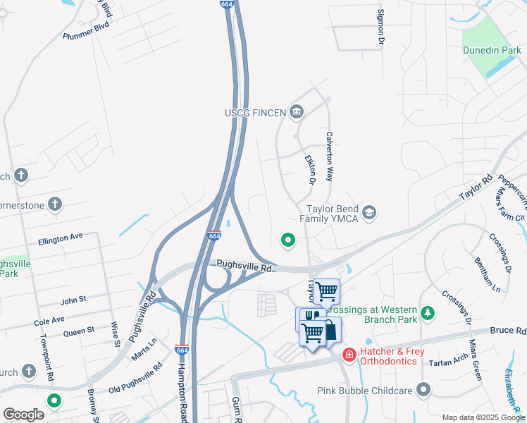 map of restaurants, bars, coffee shops, grocery stores, and more near 3524 Mardean Drive in Chesapeake