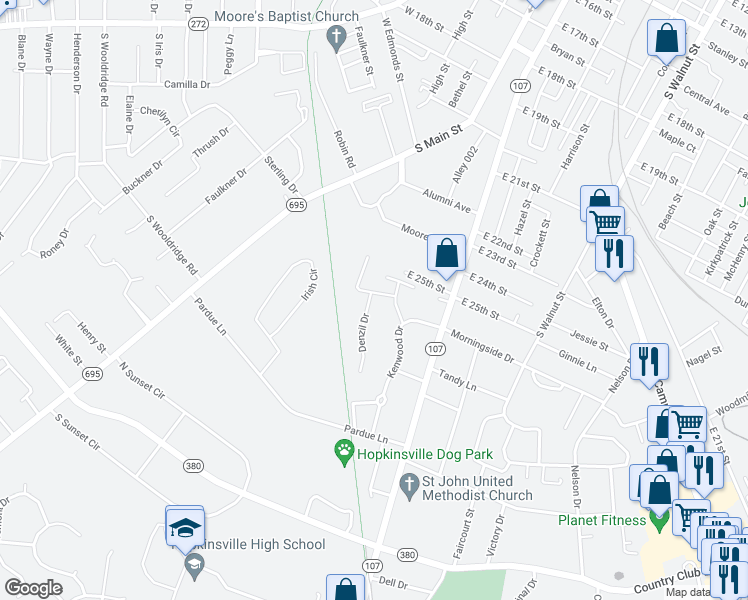 map of restaurants, bars, coffee shops, grocery stores, and more near 1900 Denzil Drive in Hopkinsville