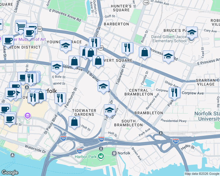 map of restaurants, bars, coffee shops, grocery stores, and more near 319 East Brambleton Avenue in Norfolk