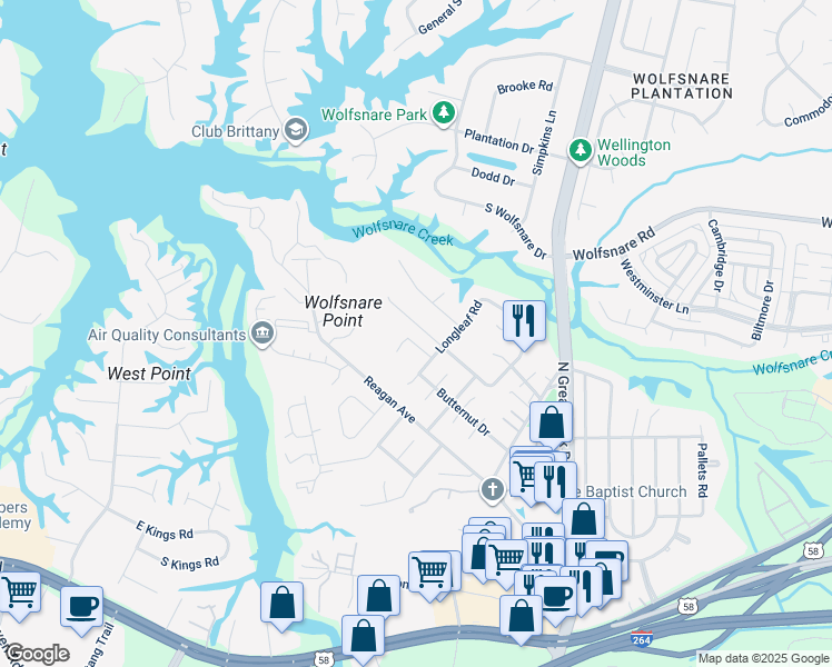 map of restaurants, bars, coffee shops, grocery stores, and more near 2513 Peritan Road in Virginia Beach