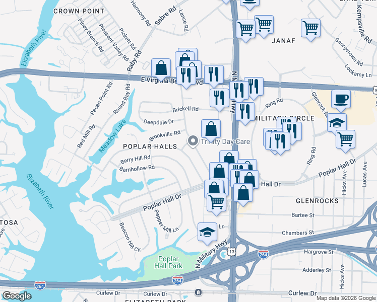 map of restaurants, bars, coffee shops, grocery stores, and more near 5556 Bayberry Drive in Norfolk