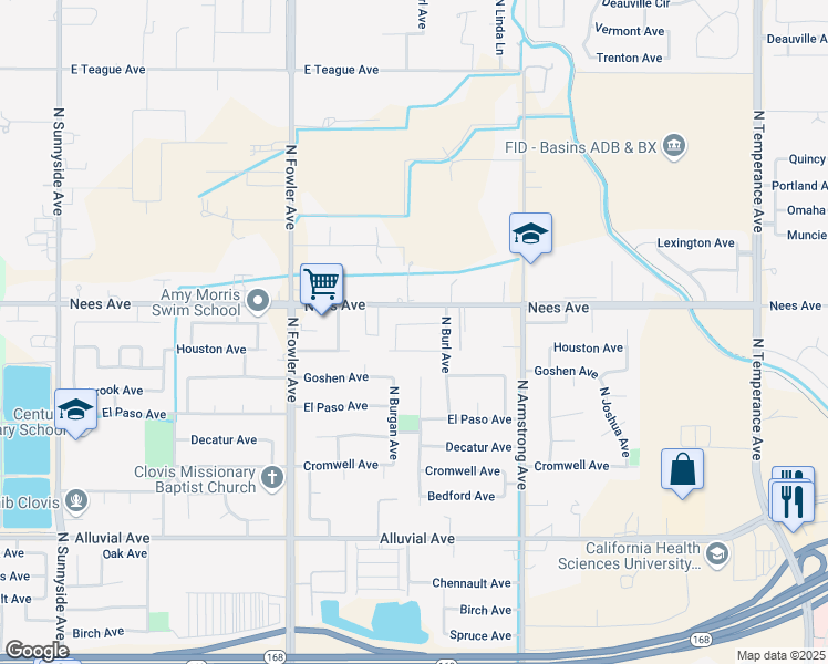 map of restaurants, bars, coffee shops, grocery stores, and more near 2046 Houston Avenue in Clovis