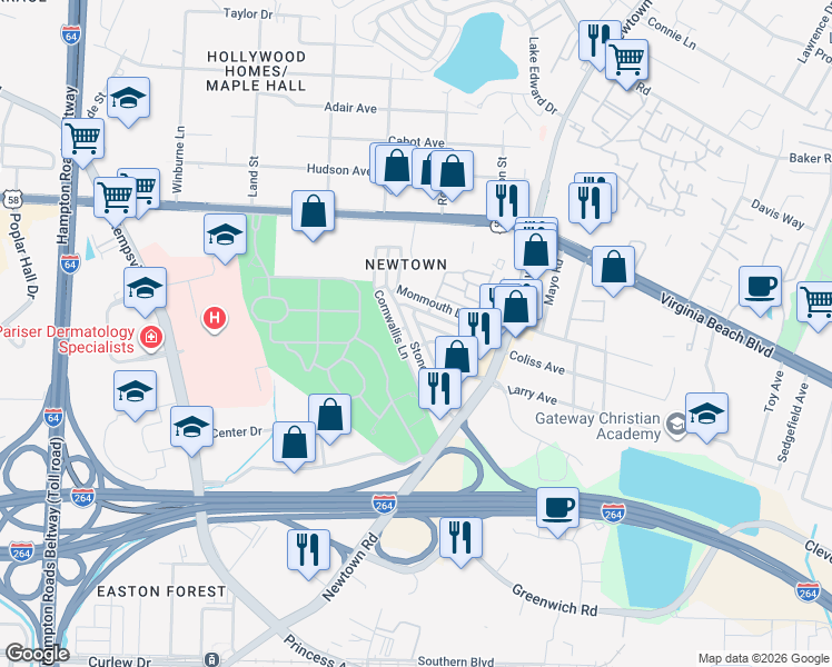 map of restaurants, bars, coffee shops, grocery stores, and more near 6608 Stoney Point South in Norfolk
