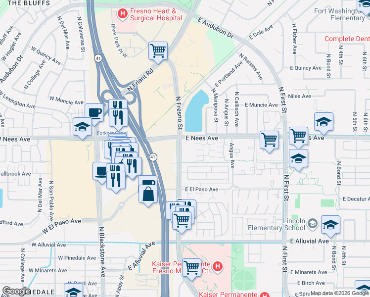 map of restaurants, bars, coffee shops, grocery stores, and more near 7733 North Fresno Street in Fresno
