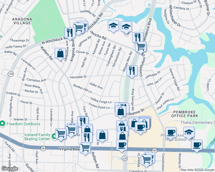 map of restaurants, bars, coffee shops, grocery stores, and more near 508 Declaration Road in Virginia Beach