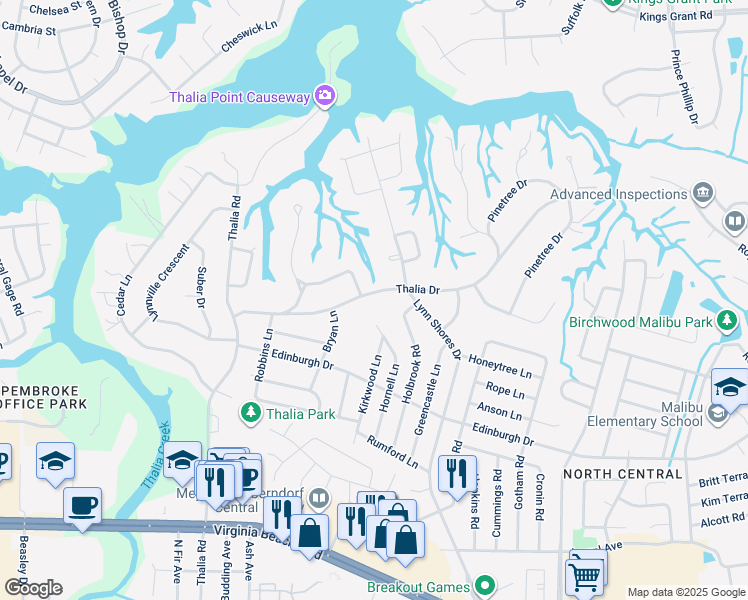 map of restaurants, bars, coffee shops, grocery stores, and more near 4017 Thalia Drive in Virginia Beach