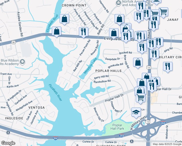 map of restaurants, bars, coffee shops, grocery stores, and more near 5460 Bayberry Drive in Norfolk