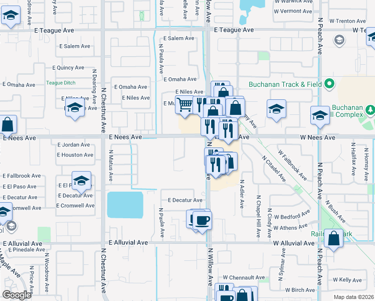 map of restaurants, bars, coffee shops, grocery stores, and more near 7911 North Fine Avenue in Clovis