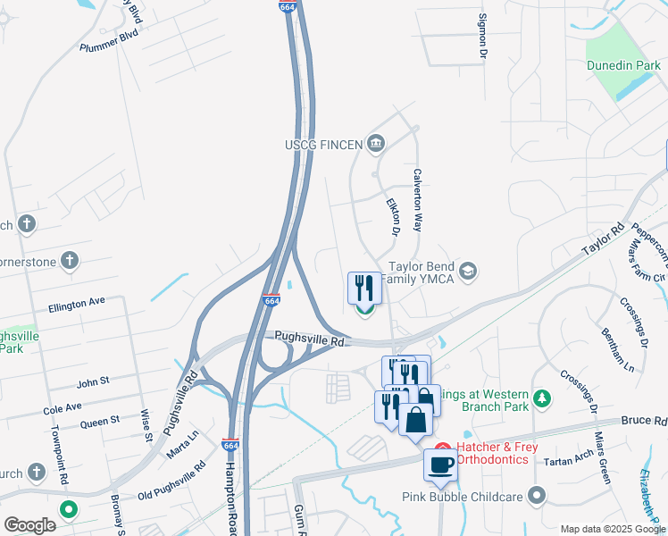 map of restaurants, bars, coffee shops, grocery stores, and more near 3524 Mardean Drive in Chesapeake