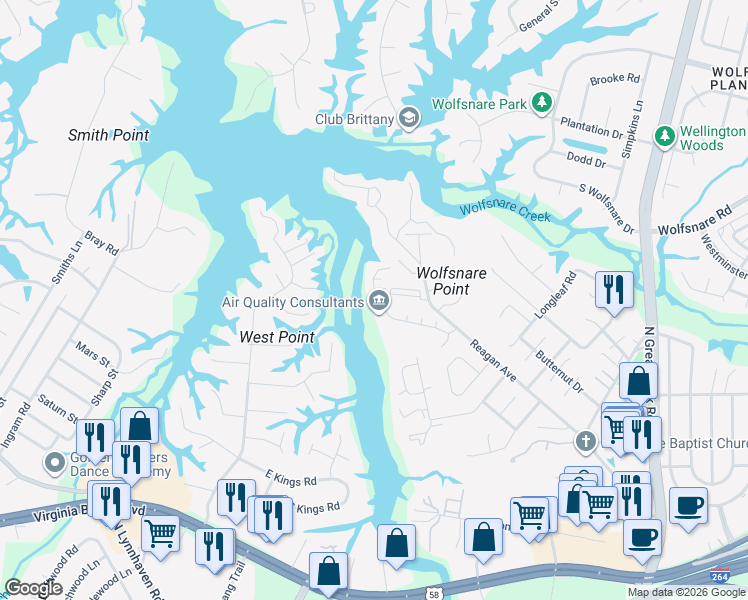 map of restaurants, bars, coffee shops, grocery stores, and more near 2615 Cove Point Place in Virginia Beach