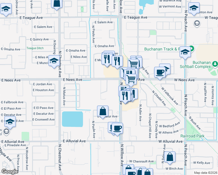 map of restaurants, bars, coffee shops, grocery stores, and more near 7911 North Fine Avenue in Clovis