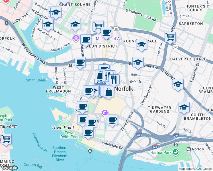 map of restaurants, bars, coffee shops, grocery stores, and more near 328 East Freemason Street in Norfolk