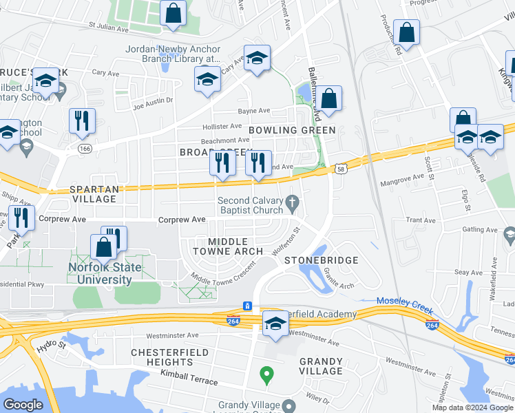 map of restaurants, bars, coffee shops, grocery stores, and more near 964 Merrimac Avenue in Norfolk