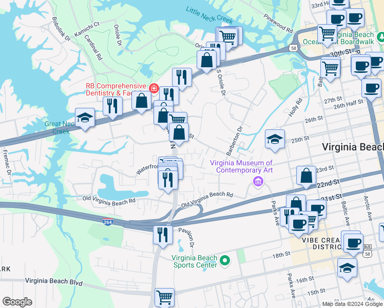 map of restaurants, bars, coffee shops, grocery stores, and more near 512 Elmo Trower Lane in Virginia Beach