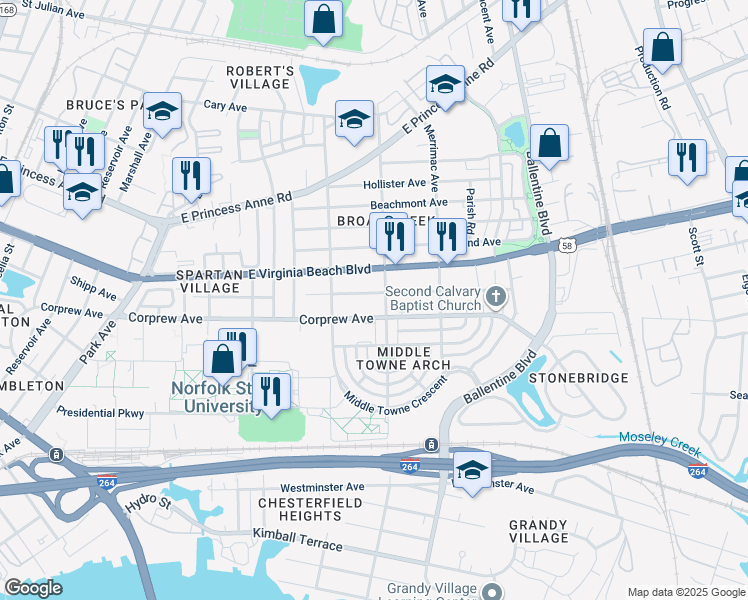 map of restaurants, bars, coffee shops, grocery stores, and more near 2741 Myrtle Avenue in Norfolk