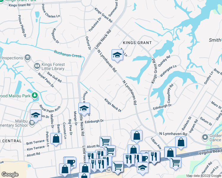 map of restaurants, bars, coffee shops, grocery stores, and more near 504 Dickens Ct in Virginia Beach