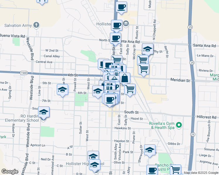 map of restaurants, bars, coffee shops, grocery stores, and more near 530 San Benito Street in Hollister