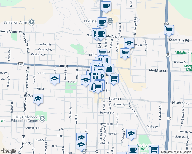 map of restaurants, bars, coffee shops, grocery stores, and more near 321 5th Street in Hollister