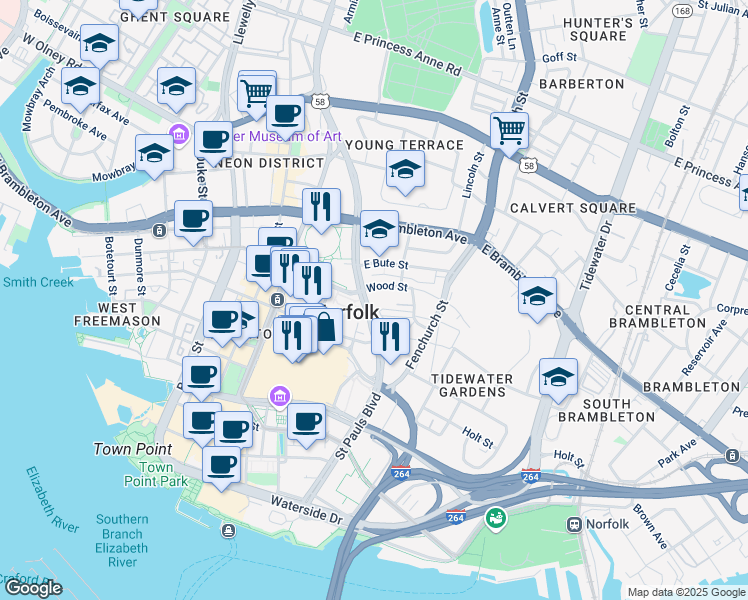 map of restaurants, bars, coffee shops, grocery stores, and more near 450 Saint Pauls Boulevard in Norfolk