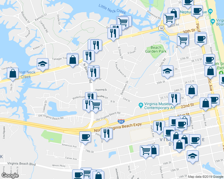 map of restaurants, bars, coffee shops, grocery stores, and more near 562 Tenbee Lane in Virginia Beach