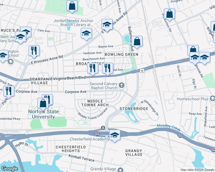 map of restaurants, bars, coffee shops, grocery stores, and more near 964 Merrimac Avenue in Norfolk