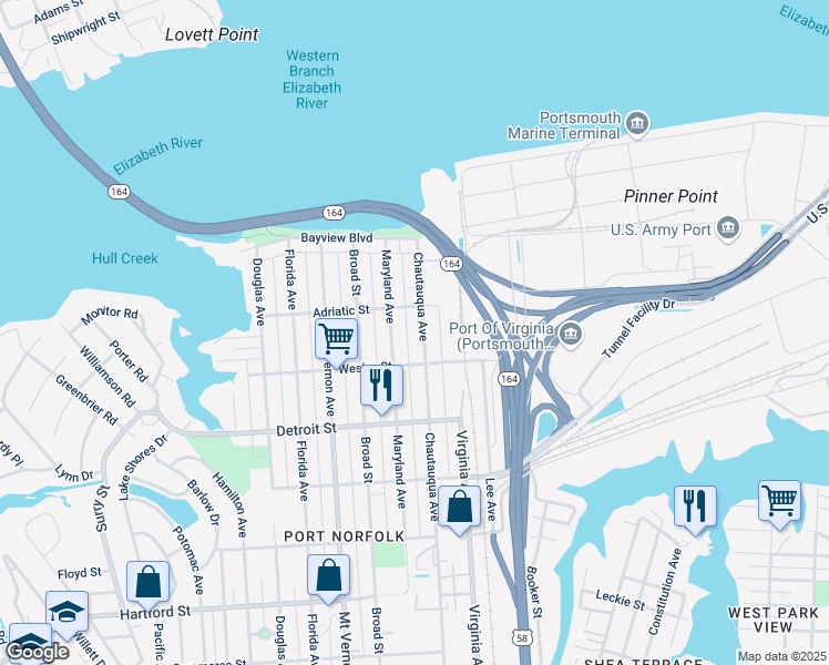 map of restaurants, bars, coffee shops, grocery stores, and more near 246 Chautauqua Avenue in Portsmouth