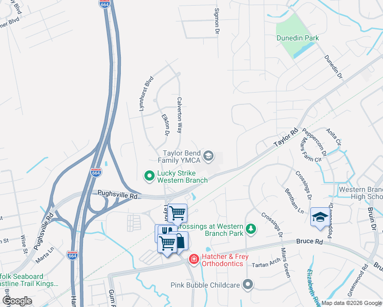 map of restaurants, bars, coffee shops, grocery stores, and more near 3104 Moneta Drive in Chesapeake