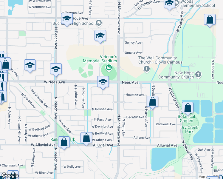 map of restaurants, bars, coffee shops, grocery stores, and more near 36 West Jordan Avenue in Clovis