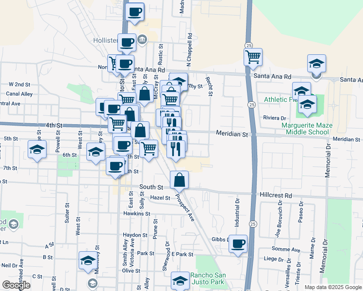 map of restaurants, bars, coffee shops, grocery stores, and more near 560 Las Palmas Drive in Hollister
