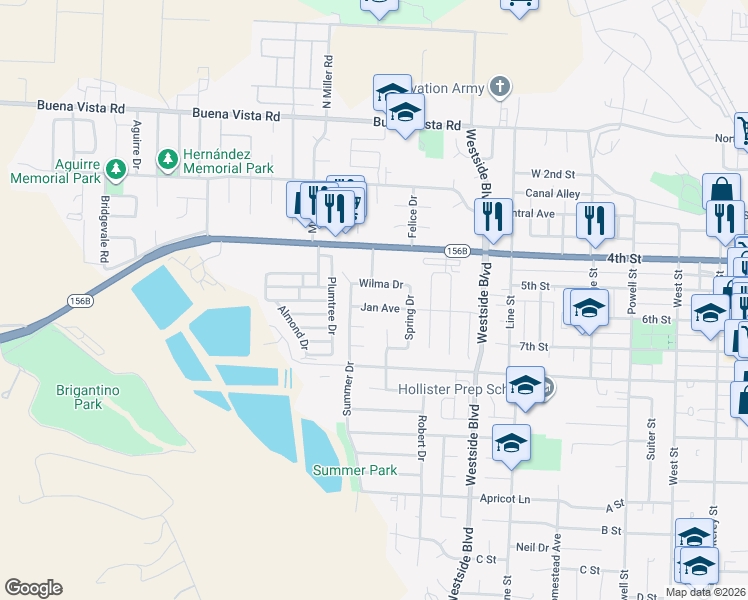 map of restaurants, bars, coffee shops, grocery stores, and more near 1220 Stephanie Court in Hollister
