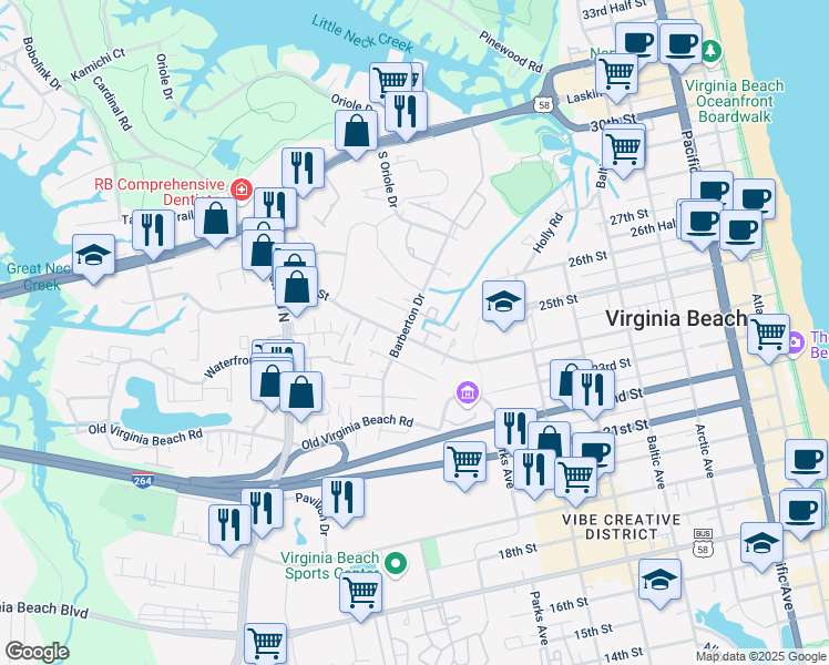 map of restaurants, bars, coffee shops, grocery stores, and more near 540 Barberton Drive in Virginia Beach