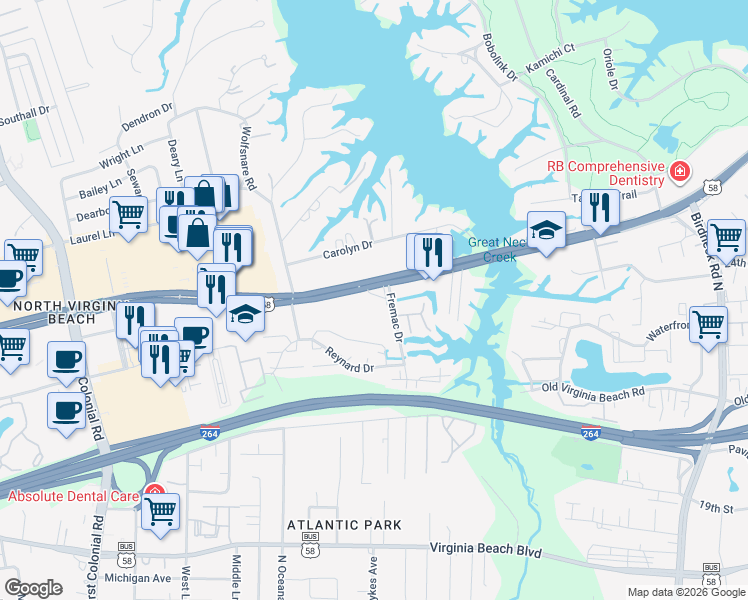 map of restaurants, bars, coffee shops, grocery stores, and more near 1400-1498 Reynard Crescent in Virginia Beach