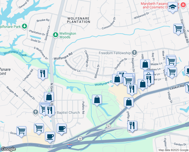 map of restaurants, bars, coffee shops, grocery stores, and more near 676 Biltmore Drive in Virginia Beach