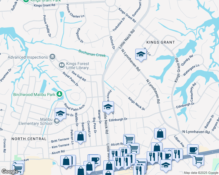 map of restaurants, bars, coffee shops, grocery stores, and more near 3361 King Richard Court in Virginia Beach