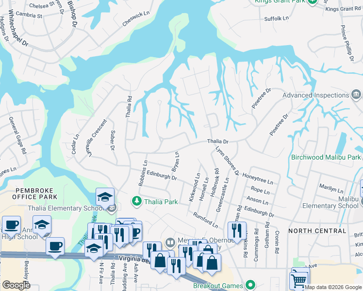 map of restaurants, bars, coffee shops, grocery stores, and more near 4025 Thalia Drive in Virginia Beach