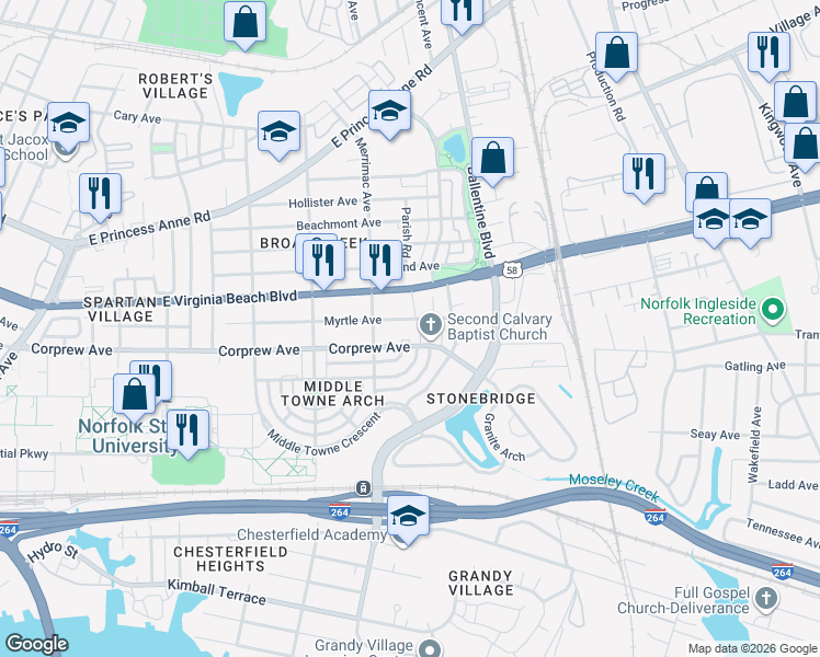 map of restaurants, bars, coffee shops, grocery stores, and more near 2957 Gate House Road in Norfolk