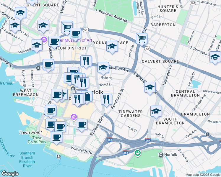 map of restaurants, bars, coffee shops, grocery stores, and more near 801-843 E Charlotte St in Norfolk