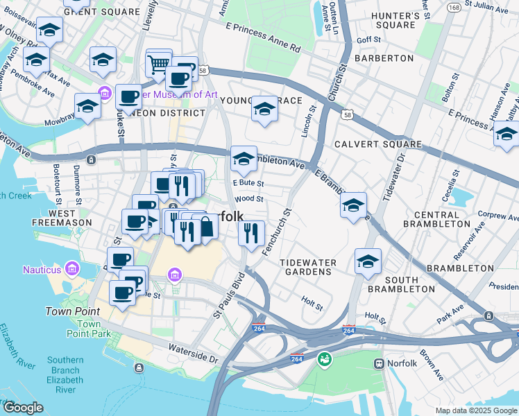 map of restaurants, bars, coffee shops, grocery stores, and more near 801-843 E Charlotte St in Norfolk