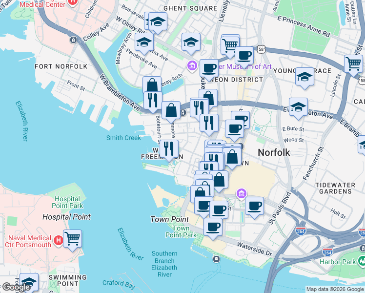 map of restaurants, bars, coffee shops, grocery stores, and more near 278 West Tazewell Street in Norfolk