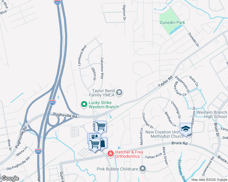 map of restaurants, bars, coffee shops, grocery stores, and more near 4626 Taylor Rd in Chesapeake