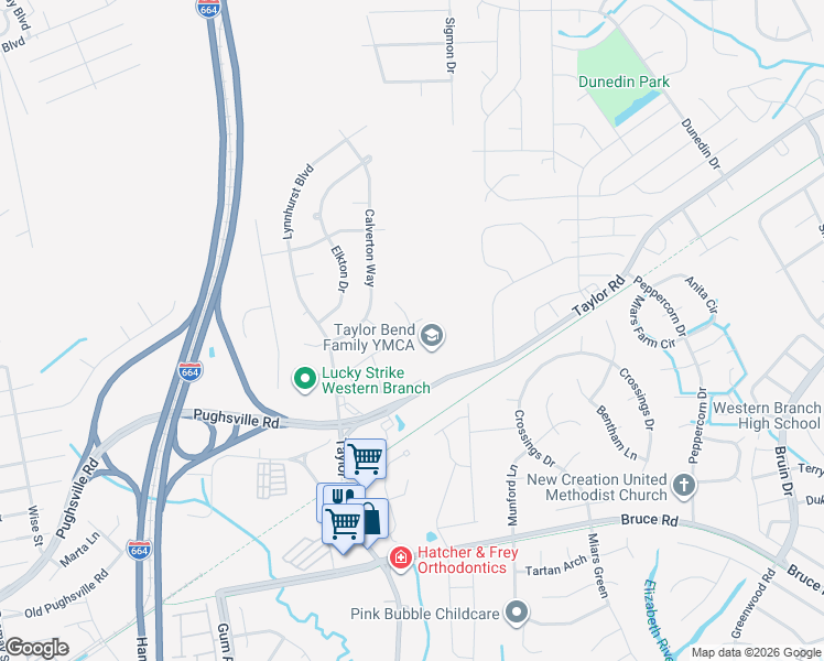 map of restaurants, bars, coffee shops, grocery stores, and more near 4626 Taylor Rd in Chesapeake